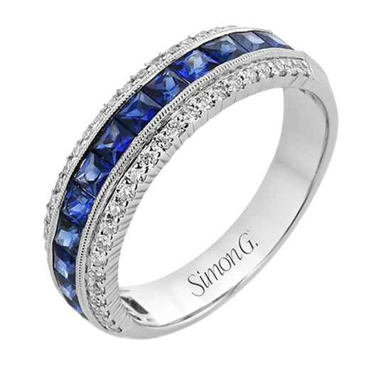 Simon G. 18K White Gold Princess Cut Blue Sapphire & Round Diamond Band