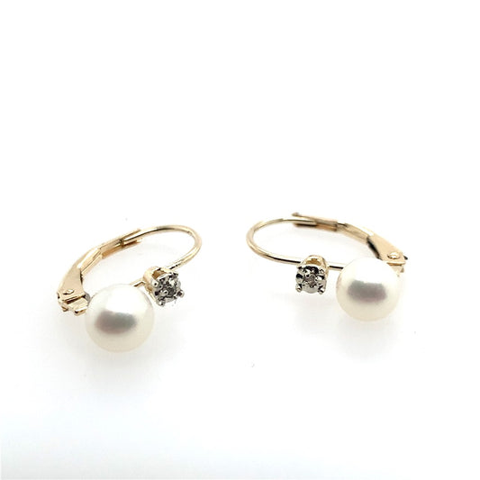 Estate 10K Yellow Gold Pearl Drop Lever Back Earrings