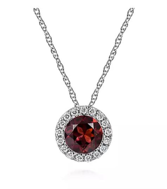 Gabriel Garnet & Diamond Halo Pendant Necklace