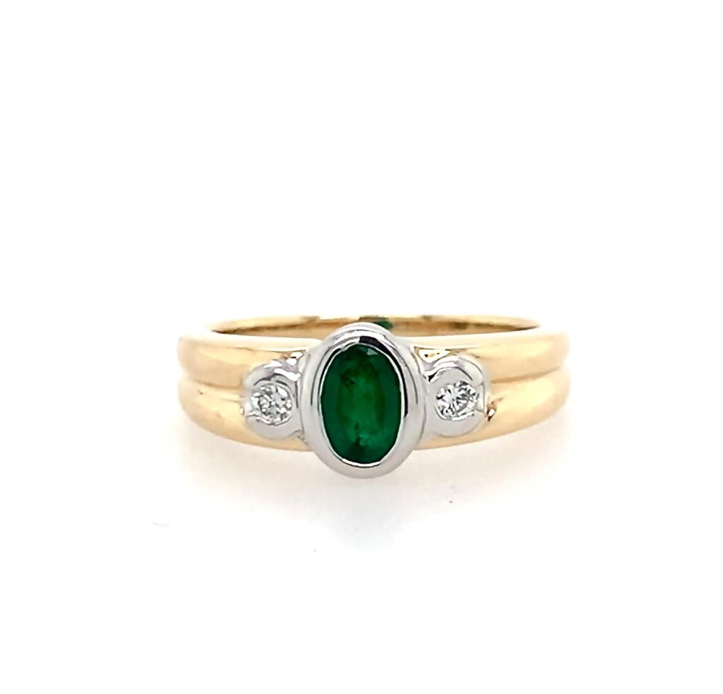 Estate 14K Two Tone Emerald And Diamond Ring