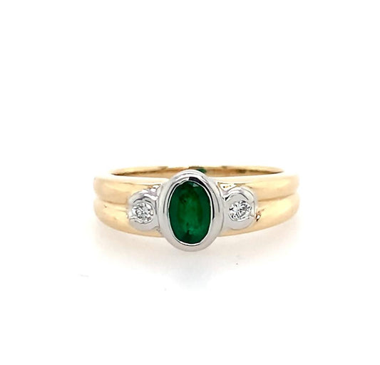 Estate 14K Two Tone Emerald And Diamond Ring