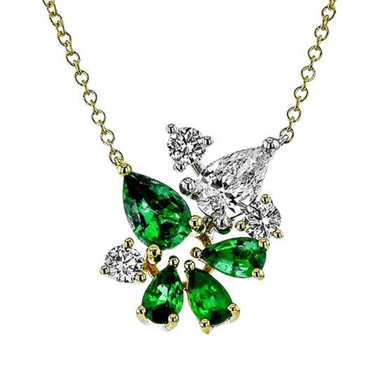 Simon G. 18K Two Tone Pear Emerald & Diamond Cluster Pendant