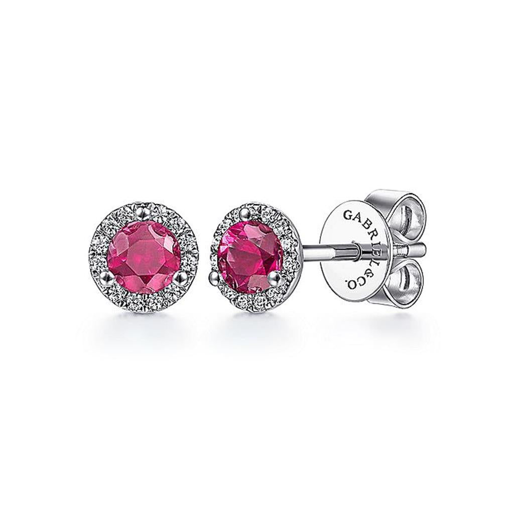 Gabriel Diamond Halo & Ruby Stud Earrings