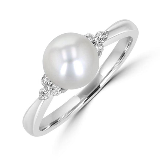 14K White Gold Pearl Ring With Diamonds