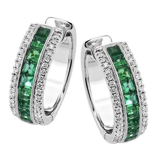 Simon G. 18Kw Princess Cut Emerald & Round Diamond Hoop Earrings