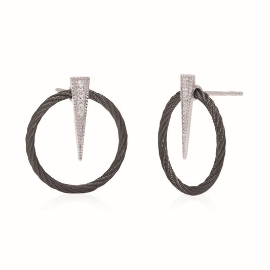 Alor Cable Wire Black Open Circle Earrings w/ Diamond Accent Spike