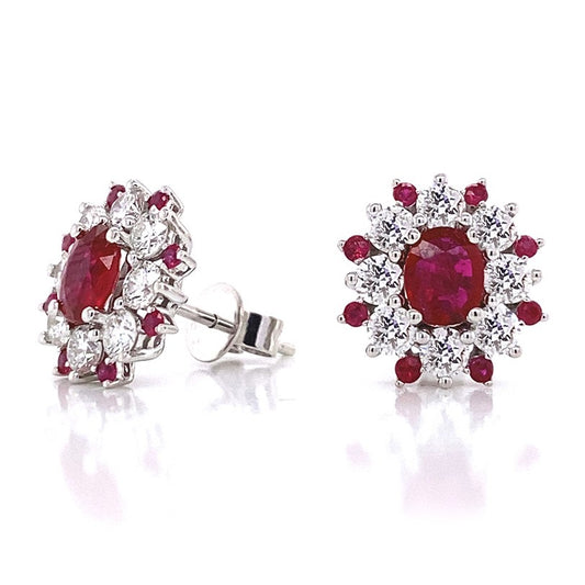 14K White Gold Oval Ruby & Diamond Earrings