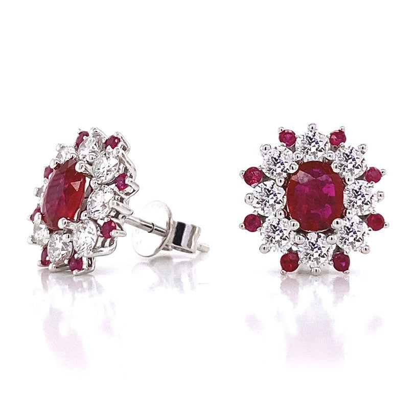 14K White Gold Oval Ruby & Diamond Earrings